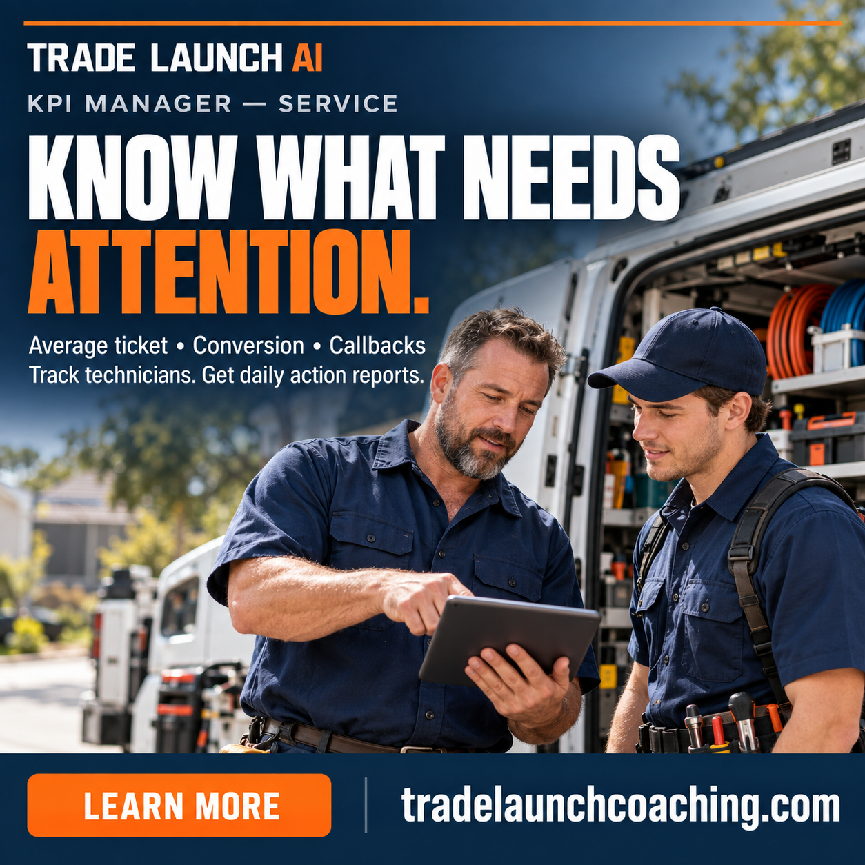 Trade Launch AI KPI Manager Service — track technician performance and get daily action reports